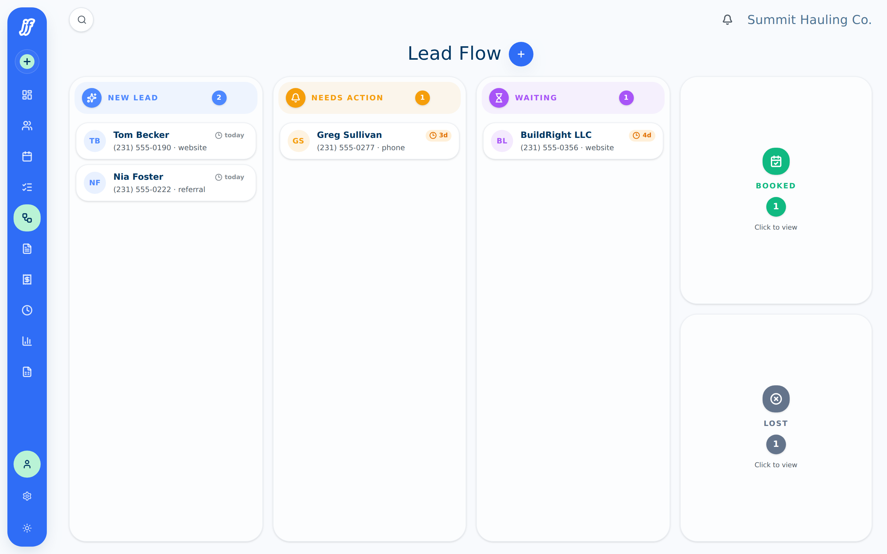 The JunkFlow lead pipeline board with leads grouped by stage